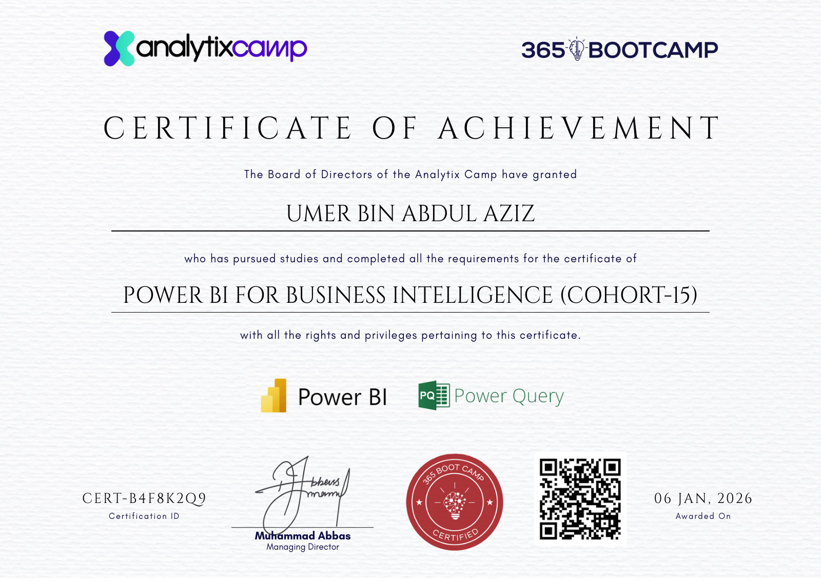 Certificate preview for Umer Bin Abdul Aziz