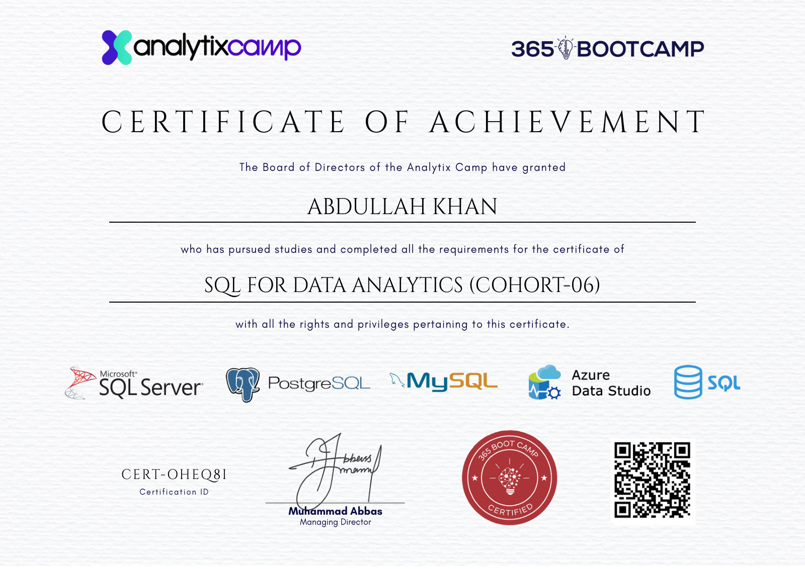 Certificate preview for Abdullah Khan
