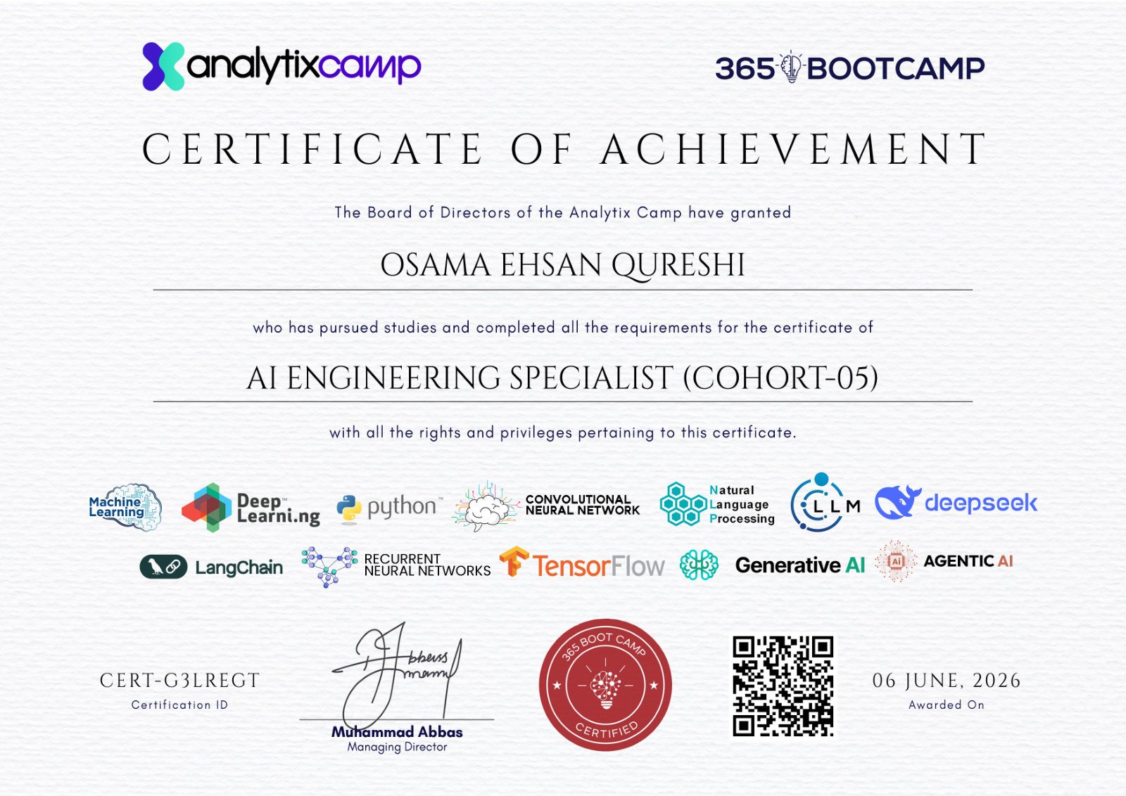 Certificate preview for Osama Ehsan Qureshi