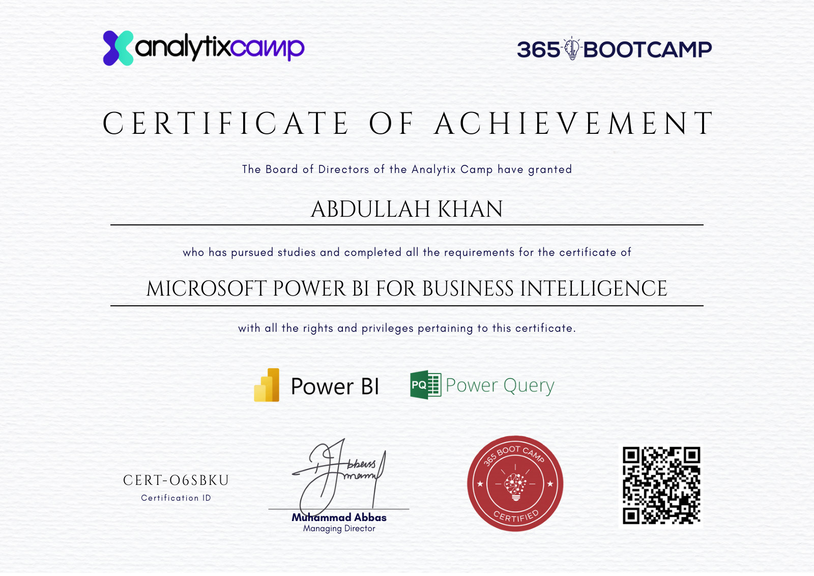 Certificate preview for Abdullah Khan